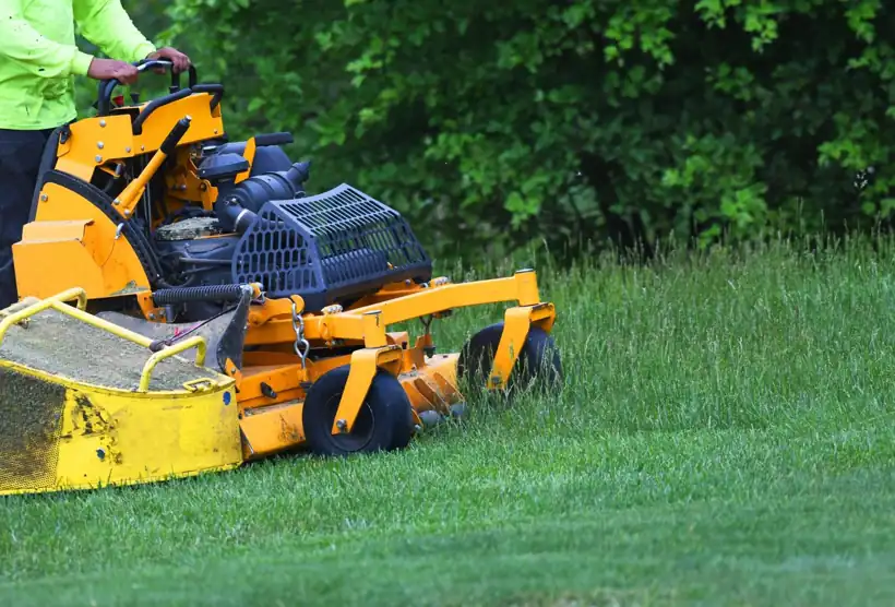 Commercial stand-on mower cutting tall grass